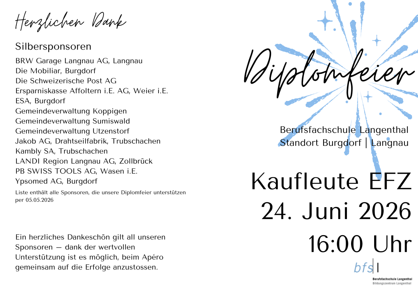 Diplomfeier Kaufleute, Lernende Standort Burgdorf & Langnau
