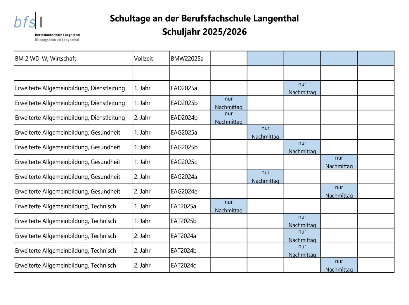 Schultage Schuljahr 2025/2026