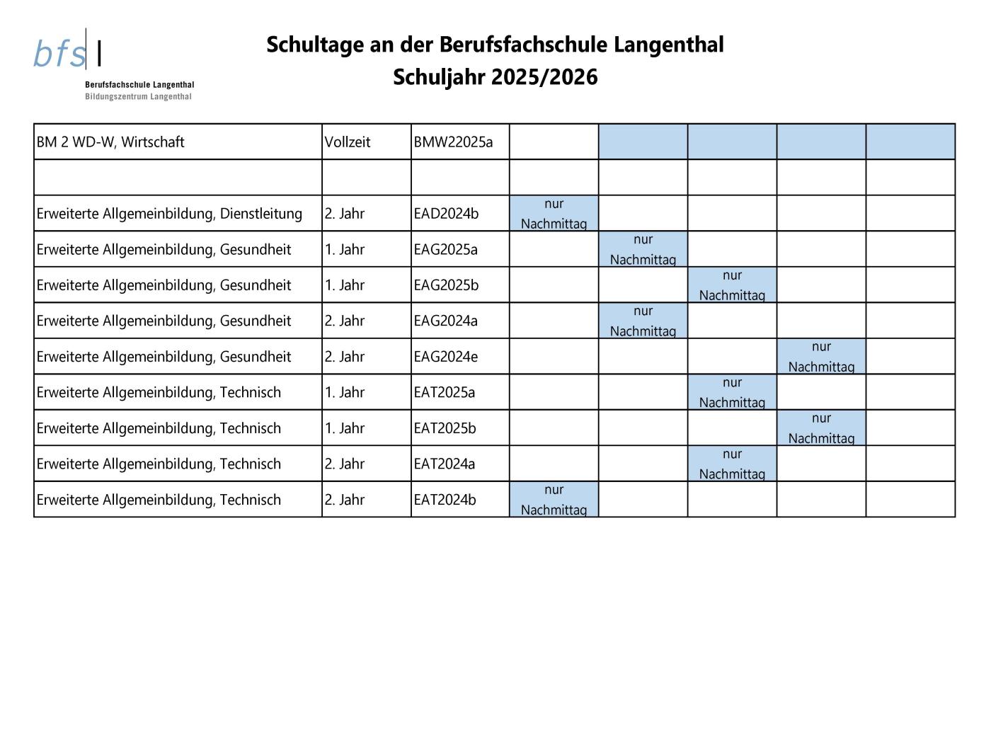 Schultage Schuljahr 2025/2026