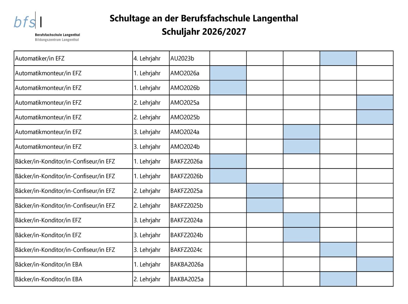 Schultage Schuljahr 2026/2027