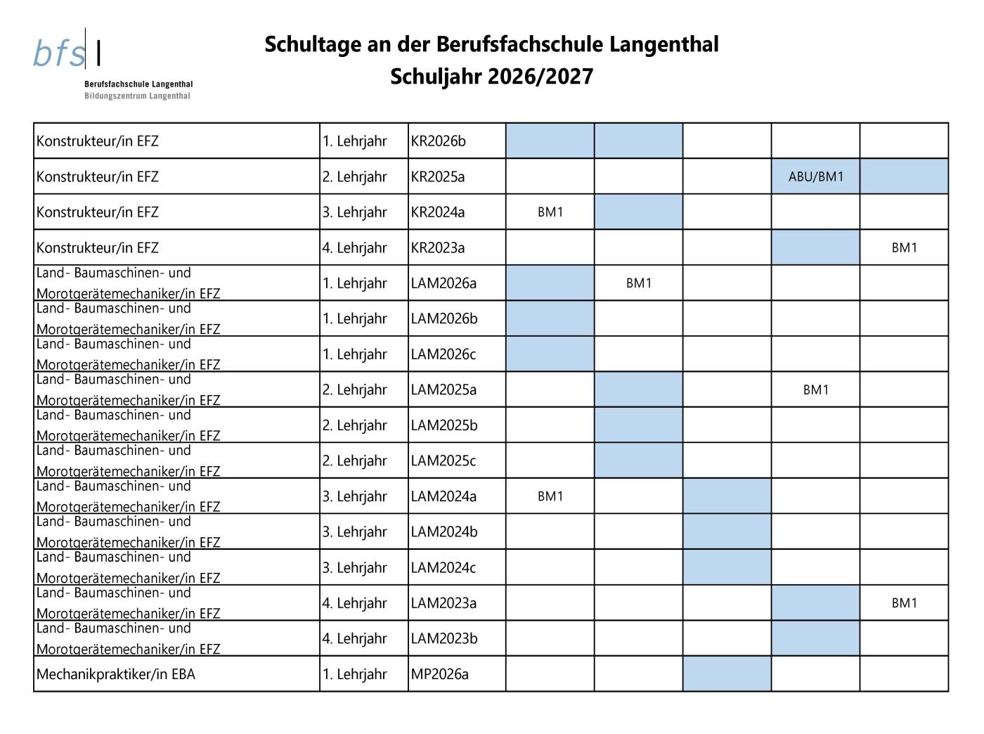 Schultage Schuljahr 2026/2027