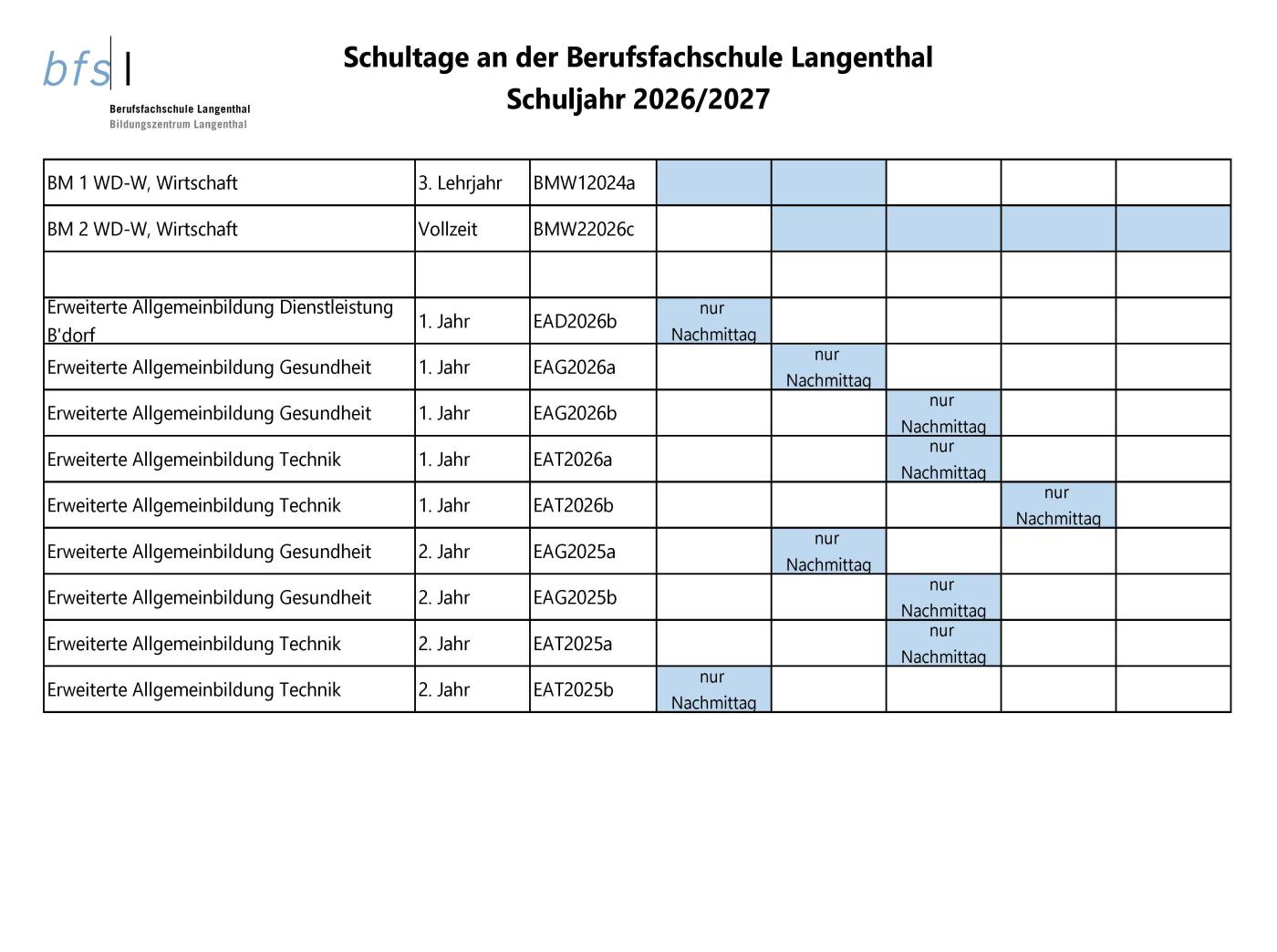 Schultage Schuljahr 2026/2027