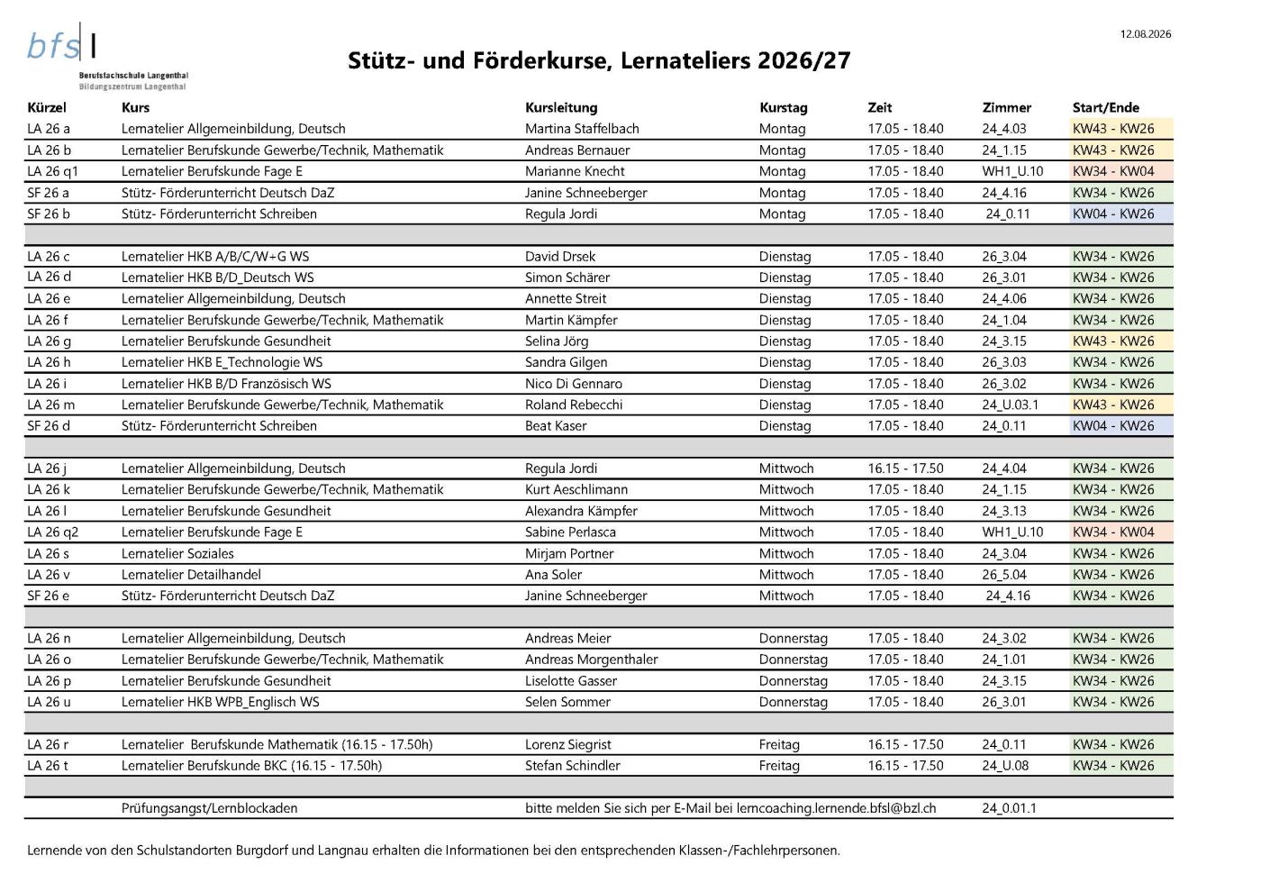 Programm Stütz- und Förderkurse, Lernateliers 2026/27