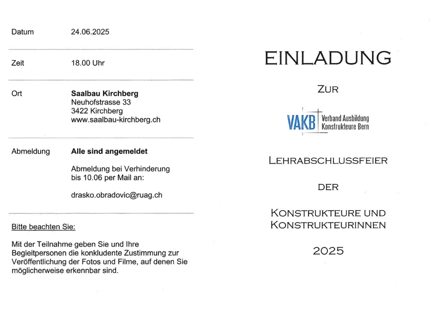 KR Schlussfeier Kanton Bern (VAKB)